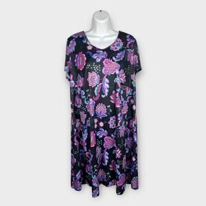 Vintage Floral Muumuu House Dress Satin V Neck Purple Black Large